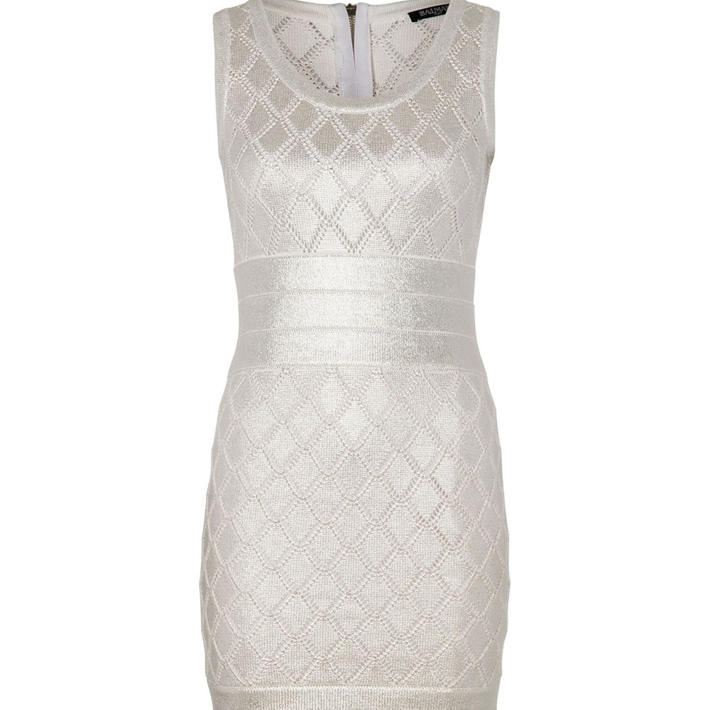 BALMAIN Metallic Silver Coated Cream Diamond
Knit Mini Dress FR36 S